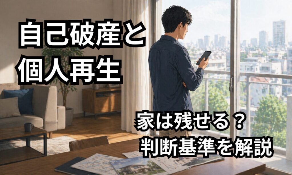 自己破産と個人再生のどちらを選ぶべきか悩みながら、スマートフォンで調べている男性と住宅資料のイメージ