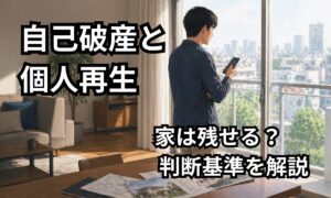 自己破産と個人再生のどちらを選ぶべきか悩みながら、スマートフォンで調べている男性と住宅資料のイメージ