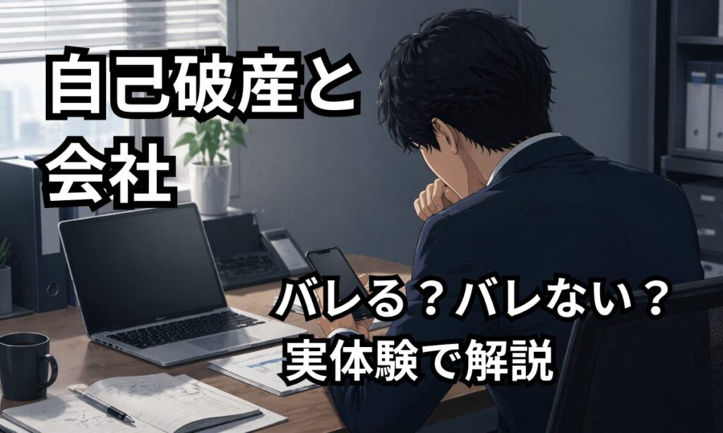 自己破産で会社にバレるか不安に感じている男性がスマホを見て悩んでいるイメージ