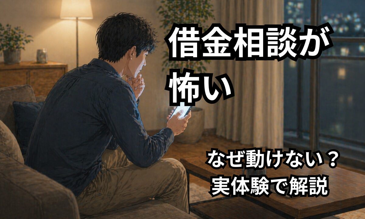 借金相談をするか迷いながらスマートフォンを見て悩んでいる男性のイメージ