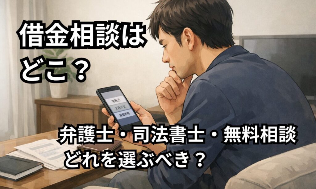 借金相談の選択肢（弁護士・司法書士・無料相談）をスマホで調べて迷っている男性のイラスト