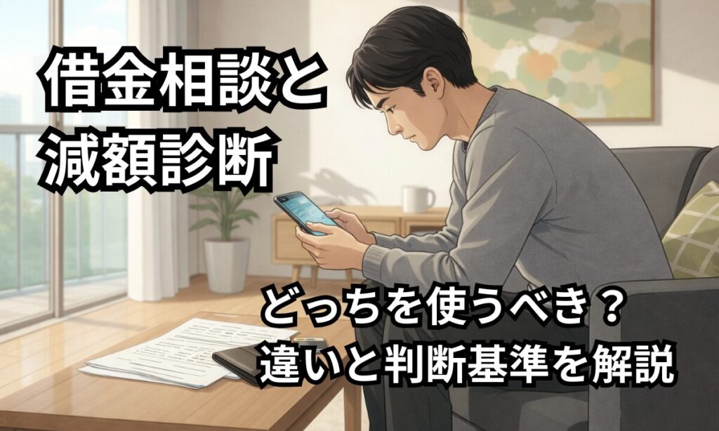 借金相談と減額診断どっちを使うべきか迷い、スマホで調べている男性
